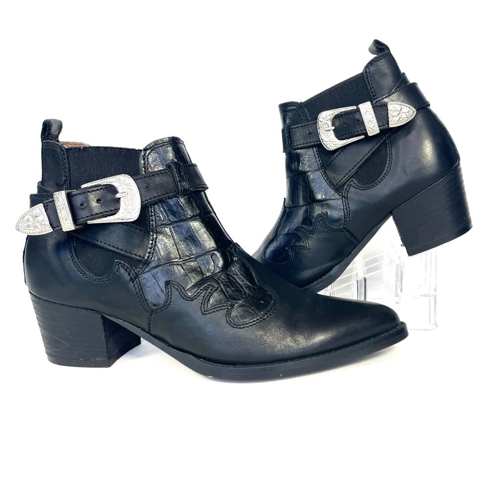 Steve Madden Wild West Western Ankle Boots Black Leather Buckle Womens 7
